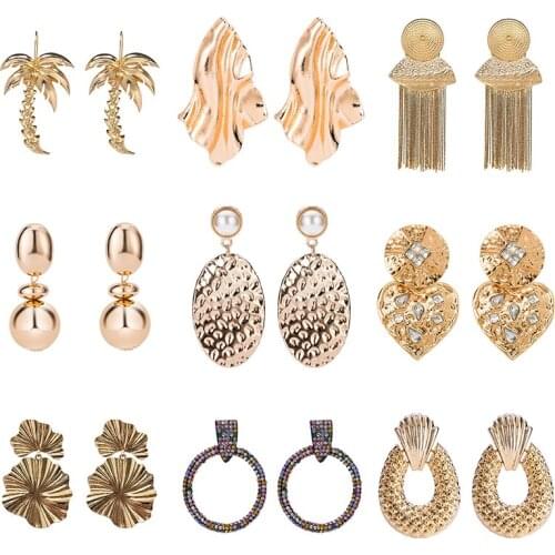 12 Styles Za Metal Drop Earrings for Ladies Coconut Tree Lily Flower Shape Heart Pendants Boho Girls Dangle Earrings ET918