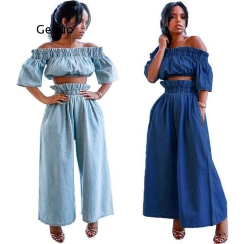 Split Horn Jeans Vintage Lady Suit Women 2 Piece Set Denim Off-The-Shoulder Strap Short Sleeve Double Breasted Top