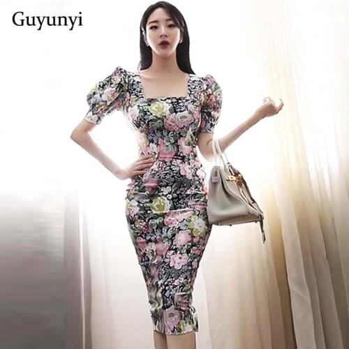 High Waist Tight Office Lady Dress 2021 Summer Flower Sexy Square Neck Puff Sleeve Backless Elegant Party Dress Women