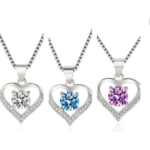 Pure Silver 925 Box Chain Necklace For Women Jewelry Classic Crystal Heart Pendant Necklace Female Clavicle Accessories Lady