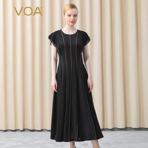 VOA Silk Stifled Mystery Black Floral Round Neck Flying Sleeves Joe Its Stitched Loose Waist Elegant Dress AE658