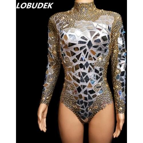 Gold Rhinestones Flashing Mirrors Bodysuit Luxury Stage Wear Women Dance Team Jazz Performance Costume Sexy Nightclub Stage Wear