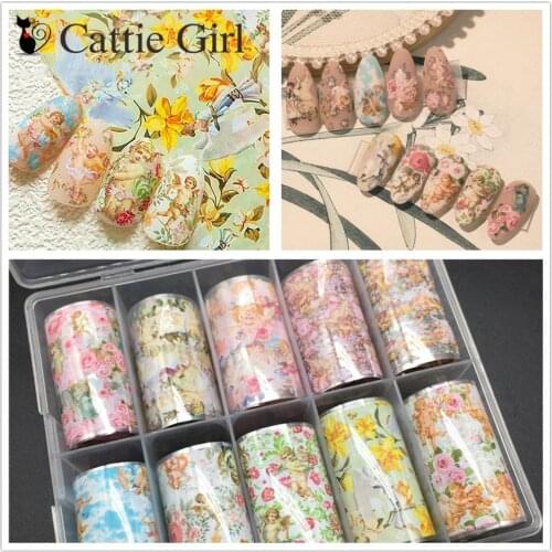 1box 4*50cm Angel Flower Newspaper Snake Marble Nail Foils Transfer Sticker Nail Art Decals Japanese Nails Accessories