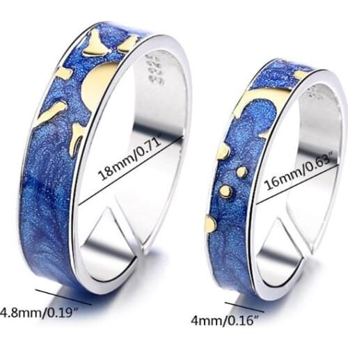 2Pcs Van Gogh Blue Starry Sky Open Ring Star Moon Always Thinking You Lover Ring F3MF