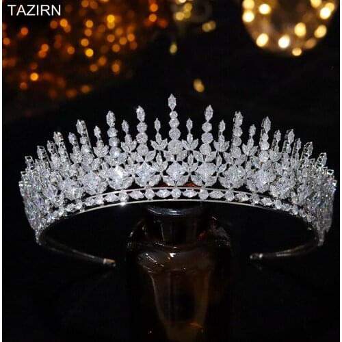 2021 Big Cubic Zirconia Wedding Crowns Platinum Plated CZ Tall Tairas Party Pageant Headpieces Bridal Headwear Hair Accessories