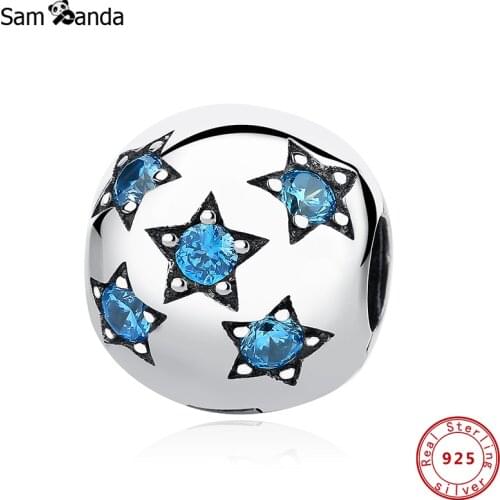 Authentic 100% 925 Sterling Silver 2020 Clip Charms Blue Star CZ Fit Original Bracelets Women DIY Gift Jewelry
