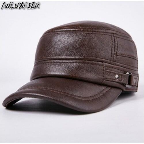 B-7191 Adult Genuine Leather Hat Baseball Cap Mens Hip Hop Hats Outdoor Warm Ear Protection Peaked Cap New Year Gift