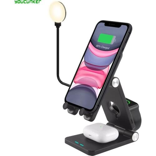 4 In 1 Wireless Charger Dock 10W Fast Foldable Charger Station With Night Light Lamp for iPhone XS Max 11 for Apple Watch 2 3