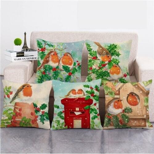 Christmas Decorations Linen Throw Pillows Case Snowflake Birds Watercolor Luxury Cushion Cover for Sofa Bed Car Couch Home Decor