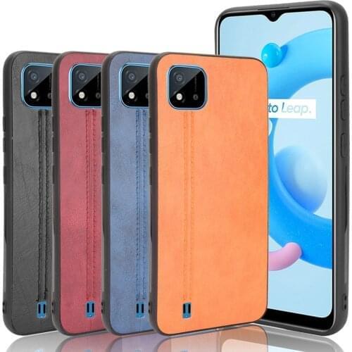 For Realme C11 2021 Luxury Calfskin PU Leather lines Back Cover Shockproof Case For Oppo RealmeC11 C 11 2020 Phone Case