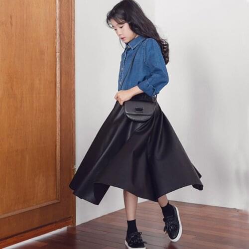 10 12 years Girls Elegant PU Skirts Autumn Winter Clothes Sets Denim Shirts 2 pieces Suits Fashion Children Teen Outfit