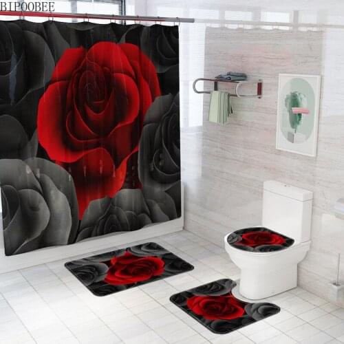 European Rose Flower Shower Curtain Set Bath Mats Rugs for Bathroom Decoration Waterproof Bathtub Curtains Toilet Lid Cover