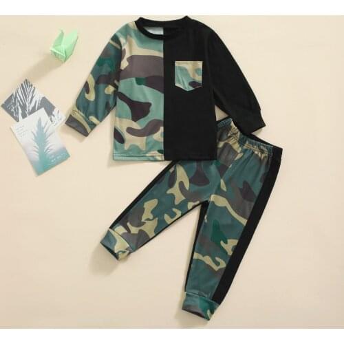 FOCUSNORM Autumn Causal Kids Boys Clothes Sets 1-6Y Camouflage Printed Patchwork Long Sleeve Pullover Pocket Tops Pant