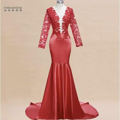 Long Sleeves Deep V Neck Lace Long Evening Dress Lace Red Sexy Mermaid Evening Party Prom Gowns Formal Women Dress Custom Make