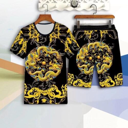 Fashion Chinese style dragon suit summer short-sleeved T-shirt + shorts 2 piece set casual large size 3D dragon mens clothing