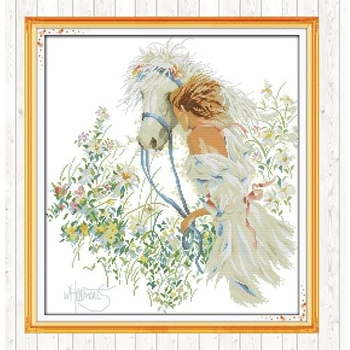White Horse and Girl DIY Needlework Crafts 14CT 11CT Counted Stamped DMC Cotton Thread Printed Canvas Handmade Cross Stitch Kits