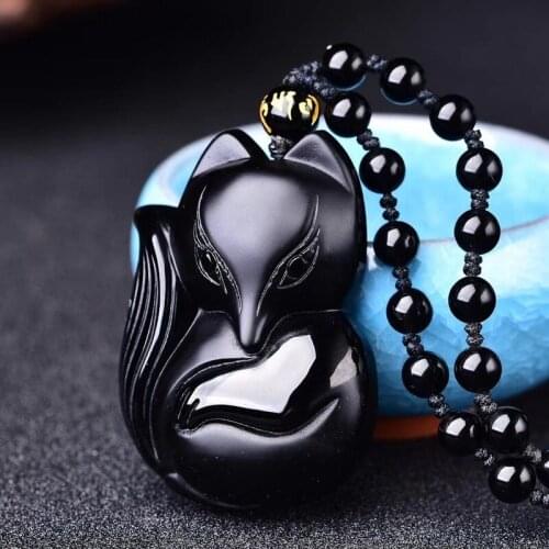 Natural Black Obsidian Fox Pendant Necklace Beads Chinese Hand-Carved Fashion Charm Jewellery Accessories Amulet Men Women Gifts
