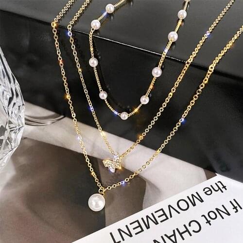 Korean New Arrive Cute Zircon Butterfly Choker Necklace For Women Multi Layer Pearl Short Collares Jewelry