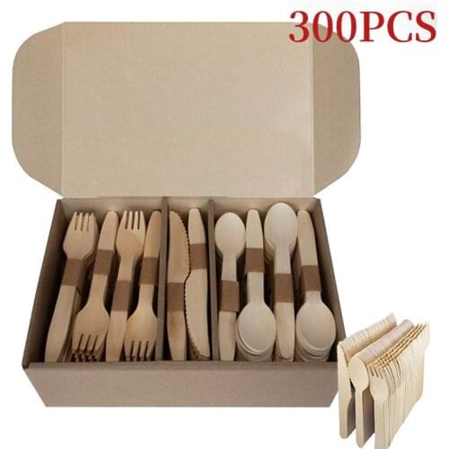 Disposable Wooden Cutlery Set 300pcs Home Party Dessert Spoons Knives Forks Dining Tableware Party Supplies