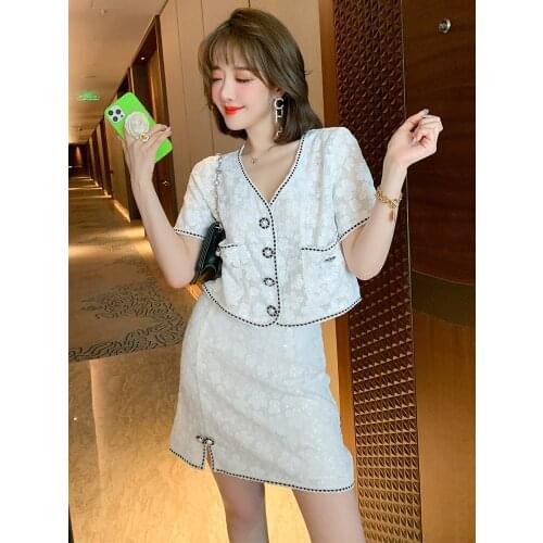 Sequins hollow-out coat + bump color lace high-waisted A - Line skirt suits the new female summer