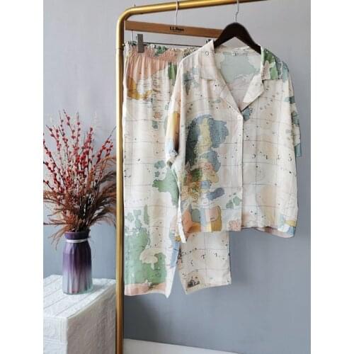 Short-sleeved Map Sleepwear Female Elegant Cotton Map Printing Pajamas Suit for Homewear Pajama Sets Women Cotton Sleepwear