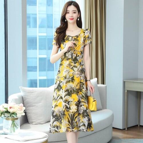 Hot Sale Womens Summer Bohemian Floral V-Neck Loose Empire Short Sleeve Fashion Casual Midi Sundress
