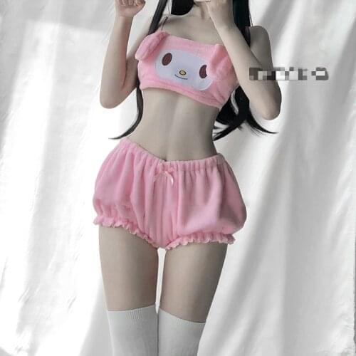 Sexy Lingerie Anime Cosplay Costumes Pink and White Melody Tube Top and Panties Set Long Ear Doggy Bra and Bloomers