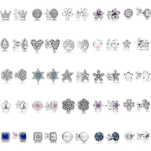 100% 925 Sterling Silver pan Studs Earring Round Flower Heart Blue Crystal Studs Earring For Women Jewelry Gift