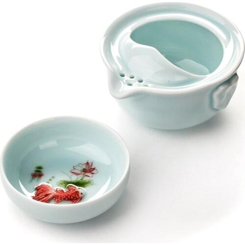High quality elegant gaiwan tea set,Celadon 3D Carp Kung Fu Tea set Include 1 TeaPot 1 TeaCup,Beautiful and easy teapot kettle