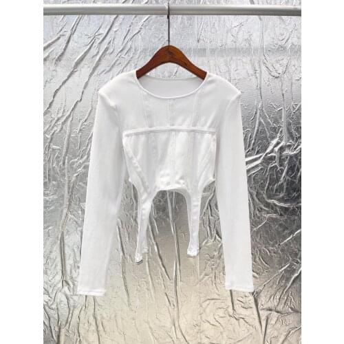 Autumn New 2021FW Women High Quality White Long Asymmetrical T-Shirt Tee Ladies Casual Shoulder Pad Tops Ddxgz2 7.19