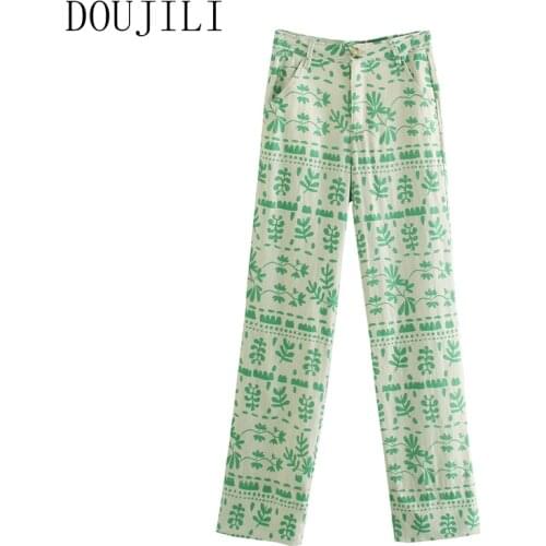 DOUJILI Women Pants High Waist Zipper Long Green Geometric Print Flax Fashion Ladies Pants
