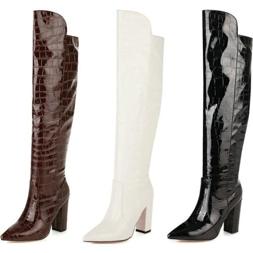 2021 Patent PU Leather Women Over the Knee Boots Fashion Pointed Toe Square High Heel Thigh Boots for Women Autumn Winter Shoes