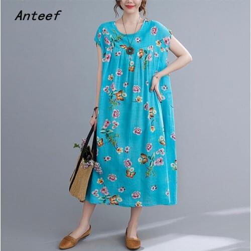 Short sleeve cotton vintage floral dresses for women casual loose long woman summer dress elegant clothes 2021