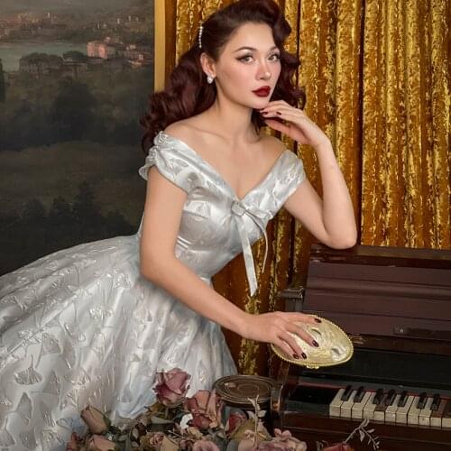 Le Palais Vintage 2021 Summer New Original Elegant Silver Jacquard Satin Off The Shoulder Dresses for Women Slash Neck Ball Gown