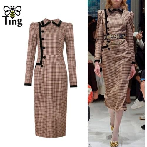 Tingfly 2021 New Runway Women Vintage Office Work Dress Retro Plaid Straight Midi Long Sping Dress Party Dress Elbise Clothing