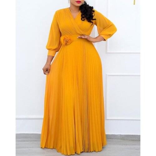 African Dresses for Women 2021 Summer African Women Plus Size Long Sleeve Yellow Long Dress African Clothes