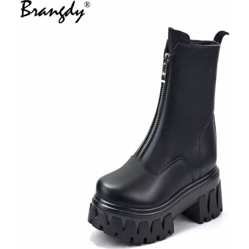 Brangdy Luxury Women Boots Genuine Leather Women Ankle Boots Chunky Winter Shoes With Fur Round Toe Platform Zipper Size 34-39