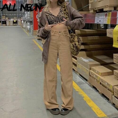 ALLNeon Indie Aesthetics Solid Corduroy Wide Leg Pants Y2K Fashion High Waist Baggy Pants Vintage 90s Streetwear Brown Trousers