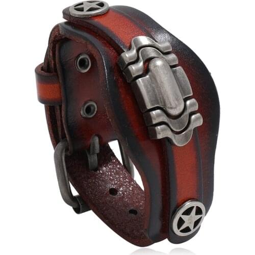 Jessingshow Black/Brown Punk Style Genuine Leather Bracelet for Men Women Vintage Charm Cuff Width Bangle Gift Men Jewelry