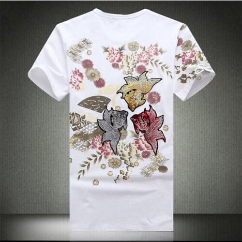 Chinese style embroidered patch goldfish pattern short-sleeved t shirt Summer 2018 New quality cotton boutique t shirt men M-4XL