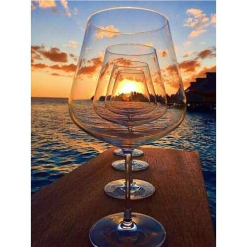 GLymg Bright Rhinestones Sunset In A Wine Glass 5D Diamond Craft Painting DIY Diamond Embroidery Kits Diamond Wall Arts Decor