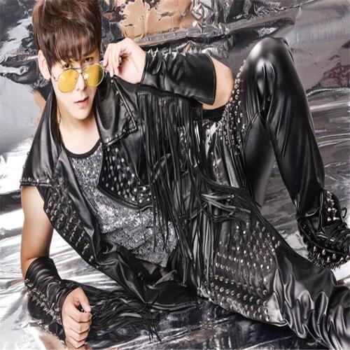 R69 Rivet vest pants set men singer outfits dj stage show wears outfits male jacket singer bar dress jacket party dance costumes