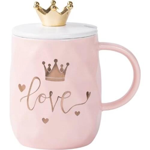 Creative pink crown mug, Nordic romantic ceramic coffee cup with lid, with coffee spoon, unique and novel shape