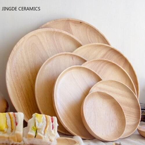 Rubber Wood Round Japanese Dinner Plate Rectangle Serving Tray Beef Steak Fruit Snack Tray Restaurant Food Cutlery Storage Plate