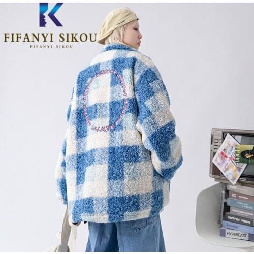 Winter Jacket Women Streetwear Fashion Plaid Lambs Wool Jackets Thick Warm Cotton Coat Embroidery Zipper Loose Plush Coat Female