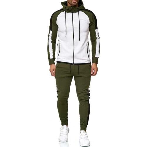 Men Autumn Winter Hoodie Coat Drawstring Pants Stripe Patchwork Outfit Tracksuit