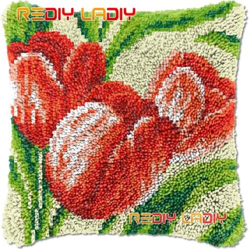Latch Hook Cushion Tulips Flowers DIY Needlepoint Kits Chunky Acrylic Yarn Arts Crocheting Lofty Pillow Case Hobby & Crafts