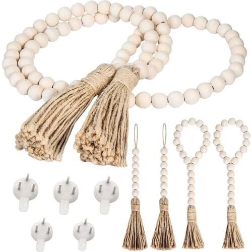 New 5Pcs Wood Beads Garland with Tassels Farmhouse Rustic Wooden Bead String Banner Wall Hanging Tassels Decoration