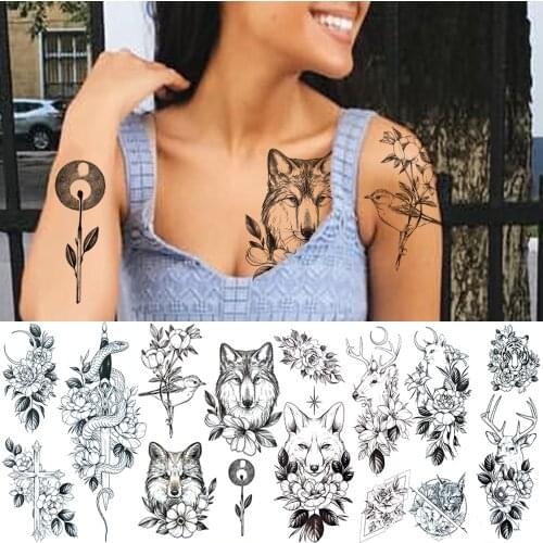 Realistic Wolf Bird Fake Tattoo Sticker For Women Girls Bird Reindeer Cat Snake Tiger Cross Temporary Tattoos Waterproof Tatoos