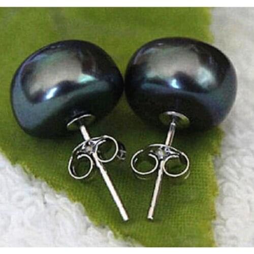 Ry00595 Genuine Cultured Freshwater 7~8 mm Black Pearl Earrings Silver A0422